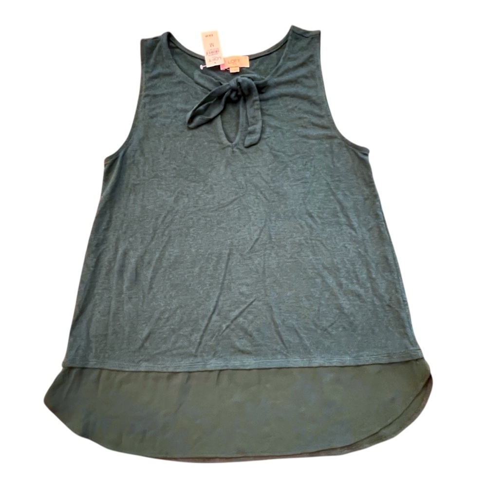 LOFT Outlet Tank Top Large Green‎ Keyhole Tie Neck Layered Hem Knit Sleeveless